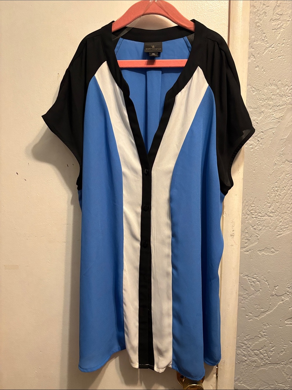 Worthington Black, Blue and White Colorblock Button-Front Blouse